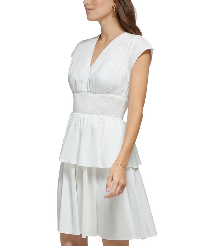 Printed Smocked Waist Layered Surplice Dress