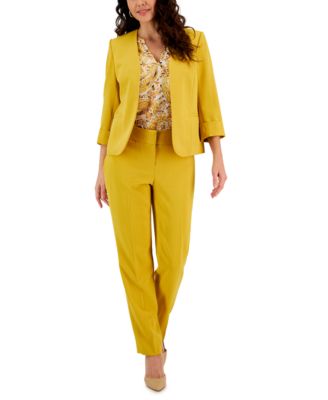 Kasper Womens Stretch Crepe Open Front Roll Sleeve Jacket Flutter Sleeve Peasant Top Stretch Crepe Elastic In Butterscotch Multi