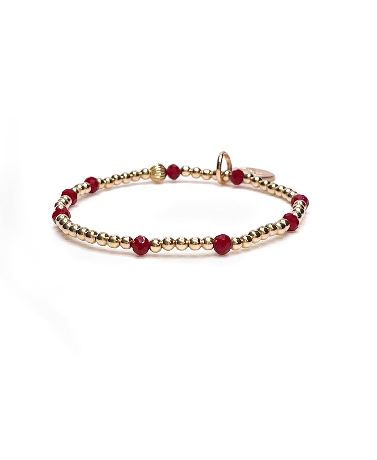 Non-Tarnishing Gold filled, 3mm Gold Ball and Ruby Glass Bead Stretch Bracelet - Gold  red
