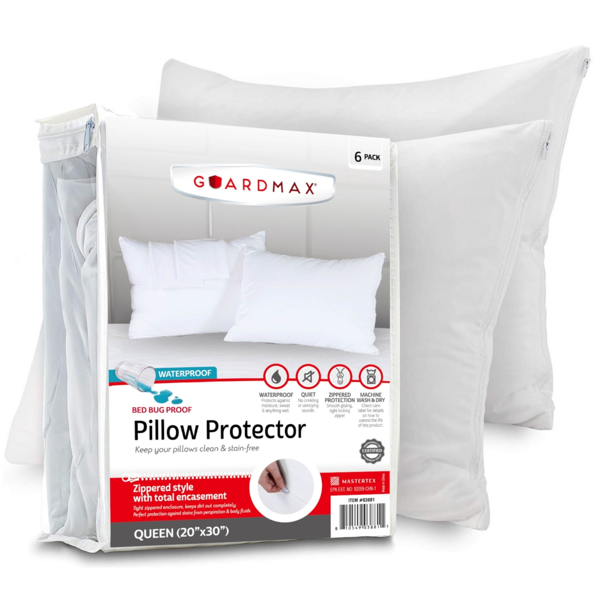 Guardmax Waterproof Zippered Pillow Protector - Queen Size - 6 Pack
