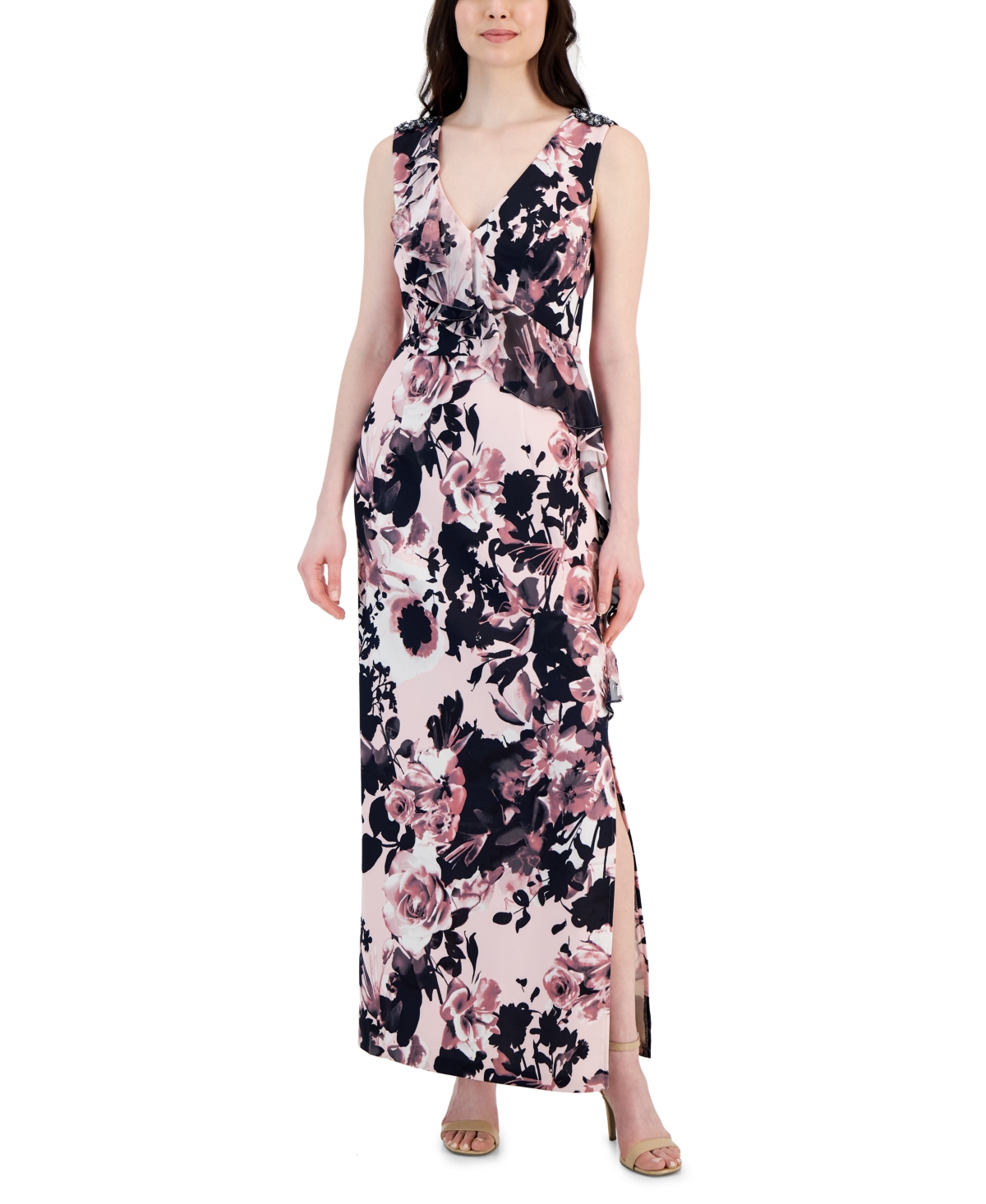 Connected Women's Floral Ruffled-Front Embellished-Shoulder Maxi Dress
