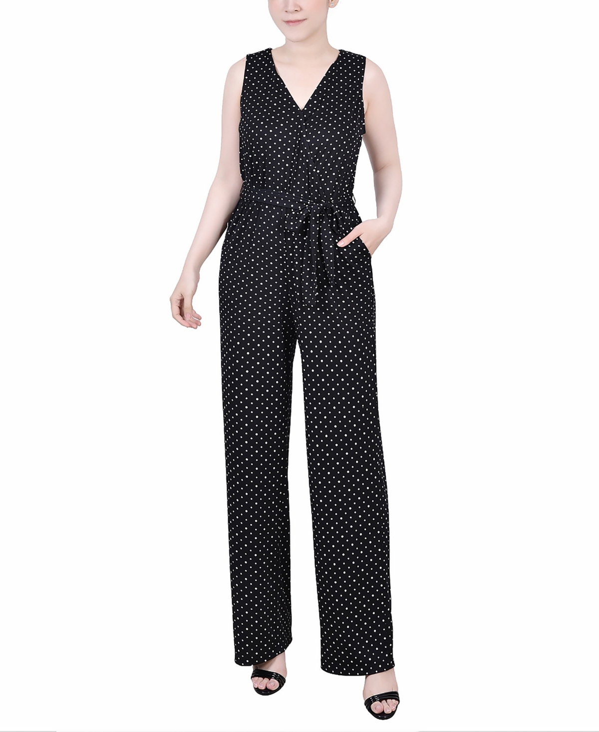 Ny Collection Petite Sleeveless Belted Jumpsuit In Black White Dot