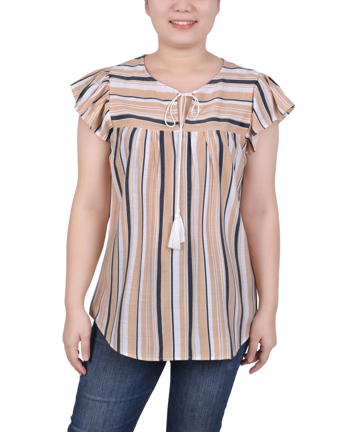 Ny Collection Petite Size Drawstring Neck Top In Tan Stripe