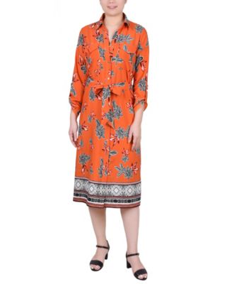 Petite 3/4 Roll Tab Sleeve Belted Shirtdress