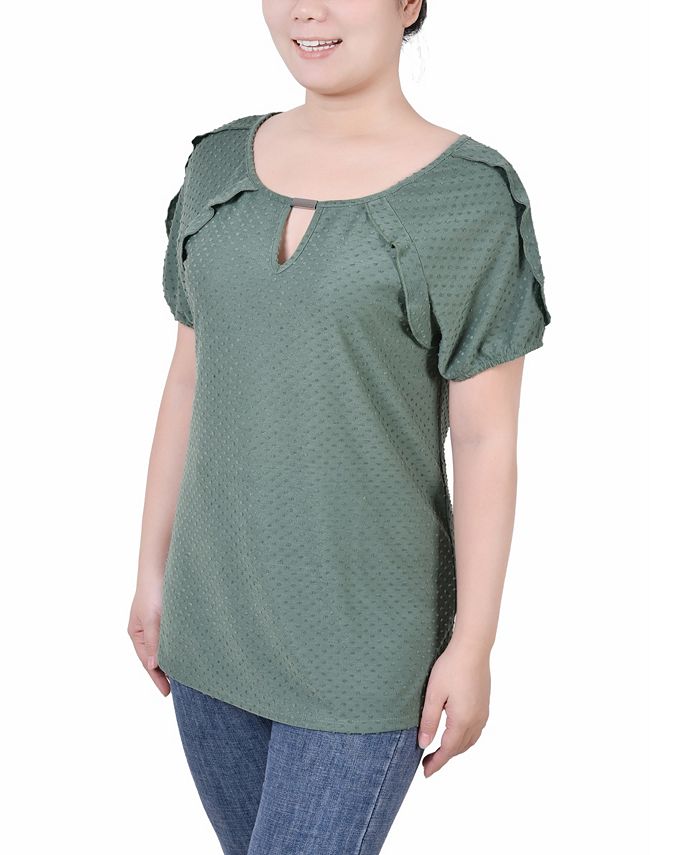 Ny Collection Womens Short Sleeve Belted Swiss Dot Dress Green Size Petite X Large main image 0