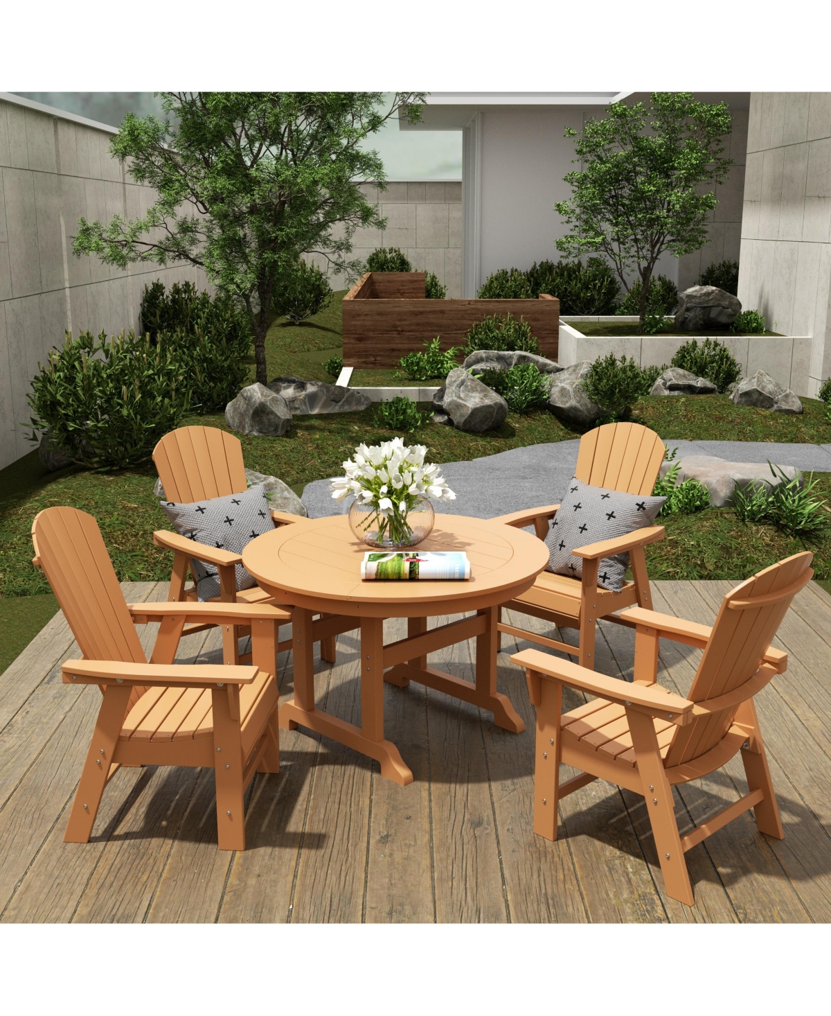 WestinTrends 5 Piece Outdoor Patio Dining Round Table and Shell Back Armchair Set