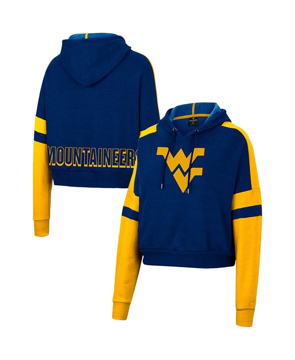 Women's Colosseum Heather Navy West Virginia Mountaineers Throwback Stripe Arch Logo Cropped Pullover Hoodie - Heather Navy
