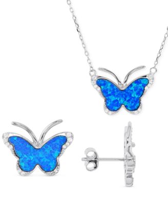 2-Pc. Set Lab-Grown Opal & Cubic Zirconia Butterfly Pendant Necklace & Matching Stud Earrings