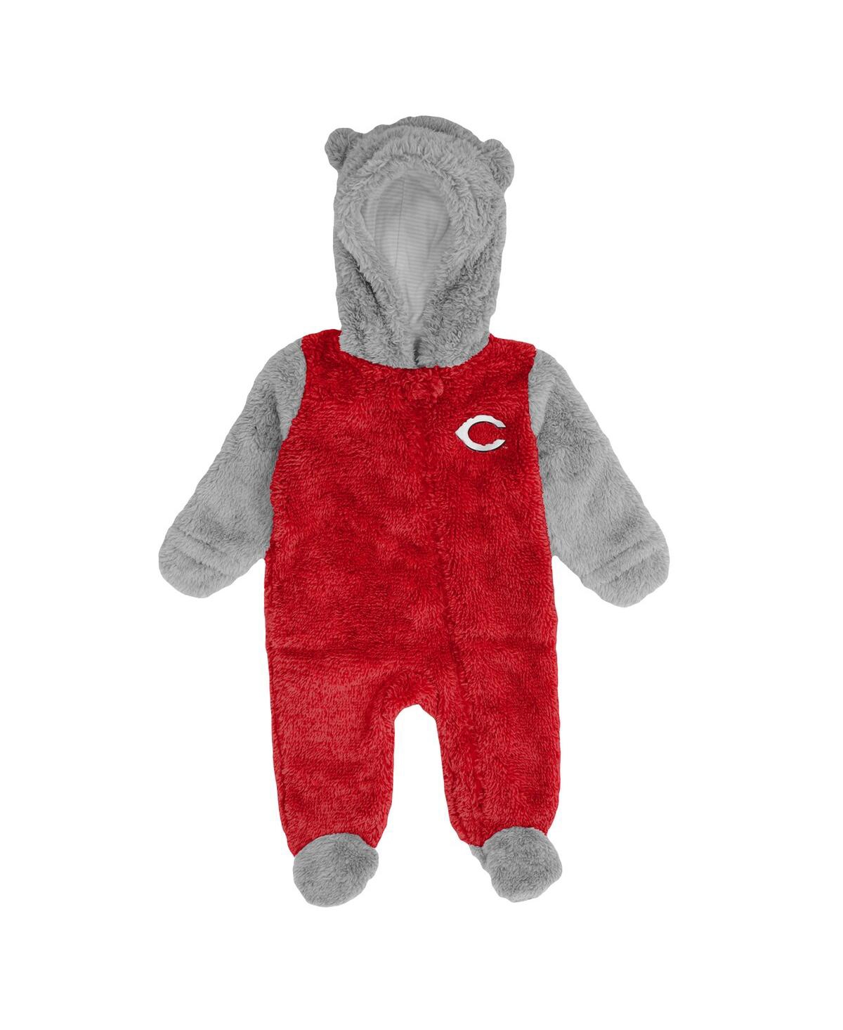 Newborn and Infant Boys and Girls Gray Cincinnati Reds Game Nap Teddy Fleece Bunting Full-Zip Sleeper - Gray