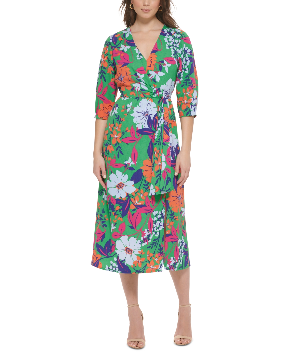 kensie Women's 3/4-Sleeve Sash-Waist Midi Dress