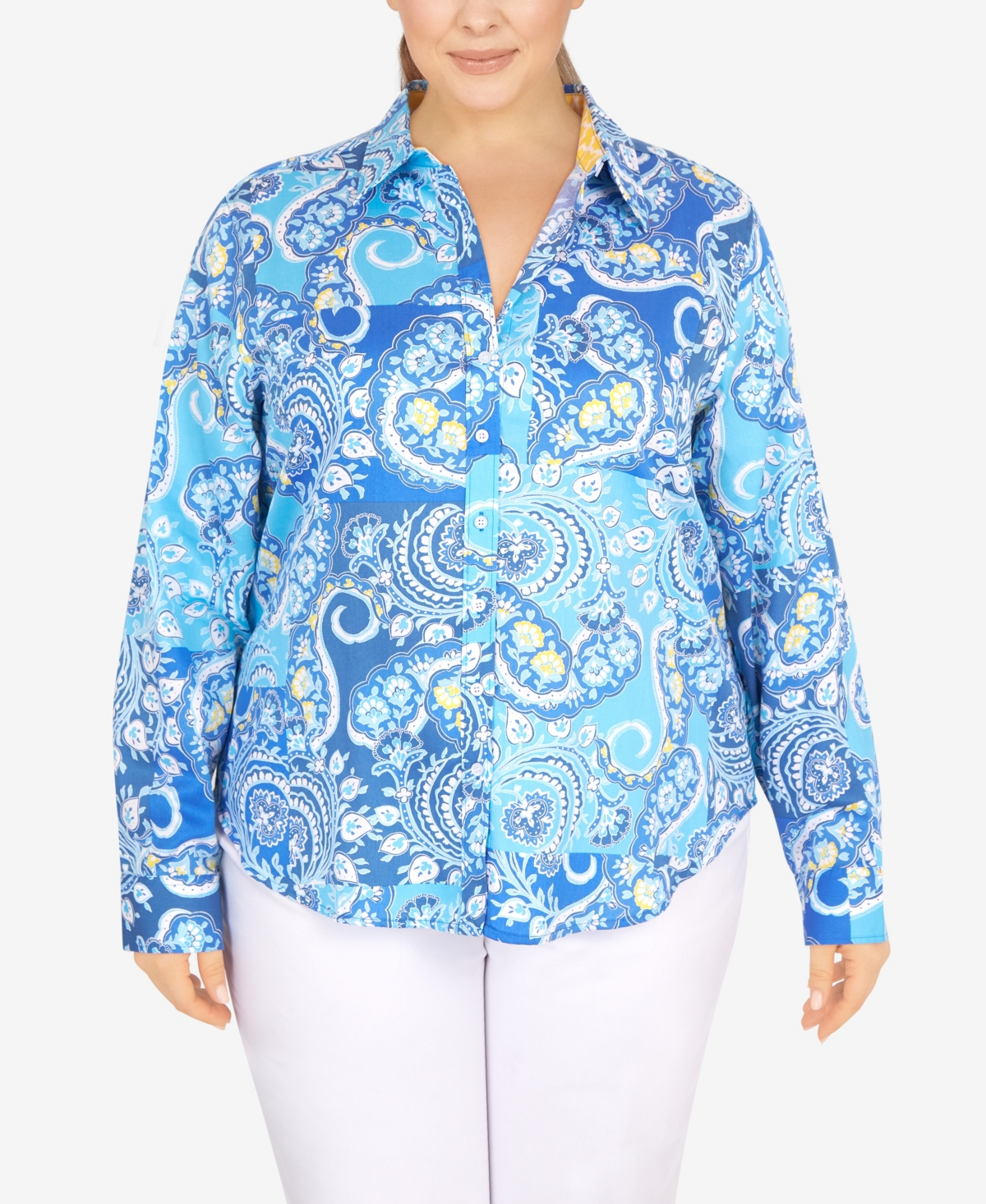 Ruby Rd. Plus Size Wrinkle Resistant Printed Button Down In Pool Multi
