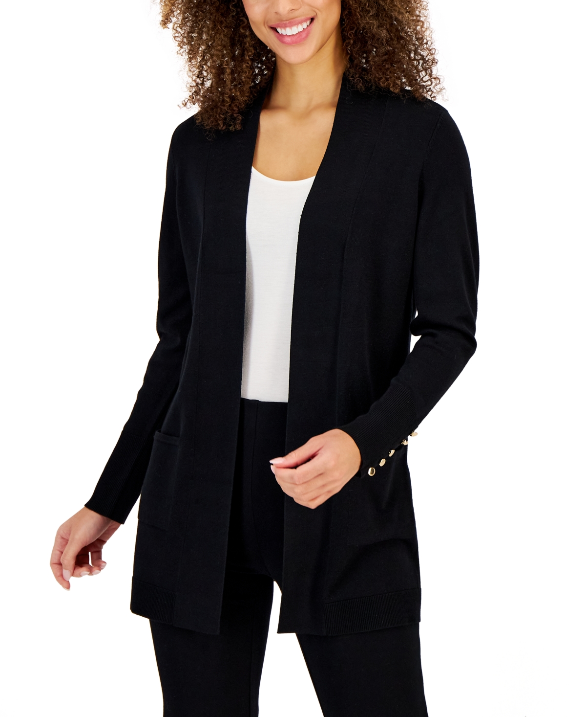 Shop Jm Collection Women's Button-sleeve Flyaway Cardigan, Created For Macy's In Deep Black