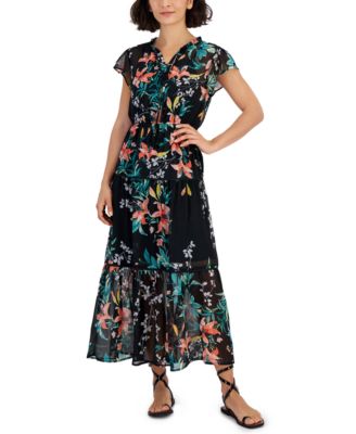 Tinsel - Petite Floral-Print Flutter-Sleeve Tie-Neck Tiered Maxi Dress