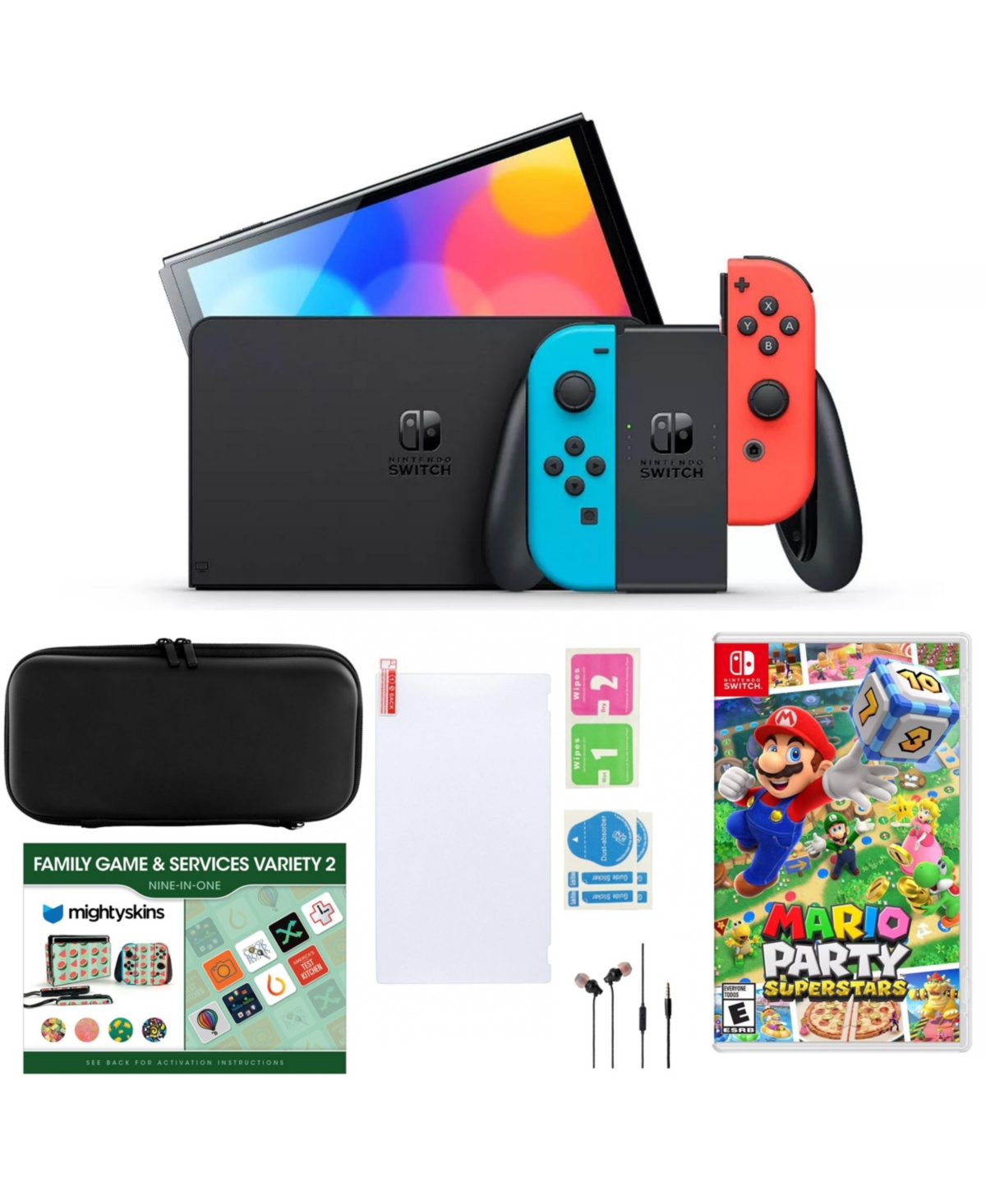 Nintendo Switch Oled In Neon With Mario Party, Accessories & Voucher In Open Miscellaneous