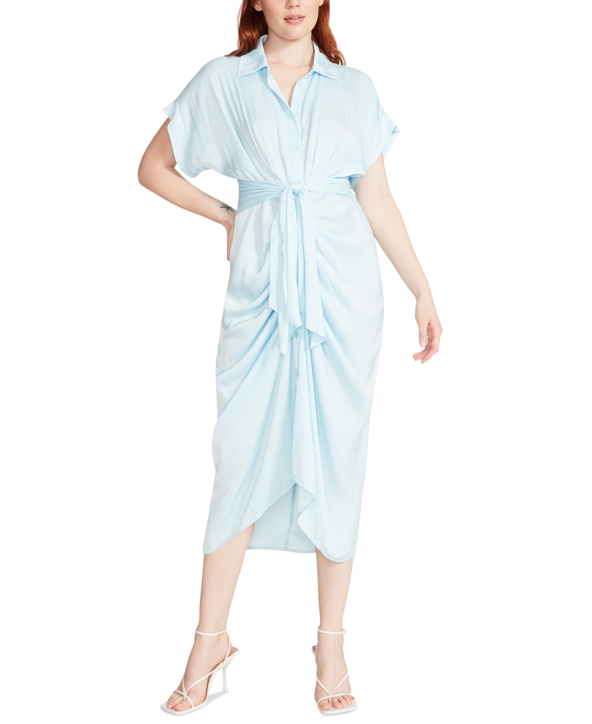 Steve Madden Tori Tie Waist Midi Shirtdress In Light Blue