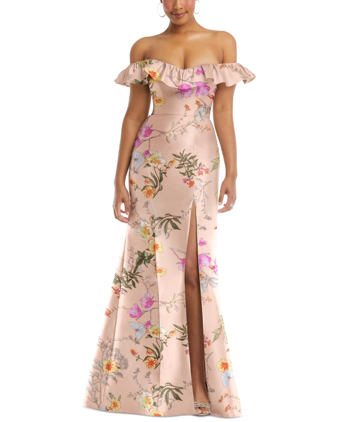 Alfred Sung Off The Shoulder Ruffle Floral Satin Gown In Butterfly Botanica