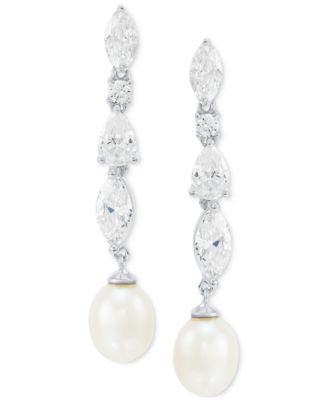 Cultured Freshwater Pearl (9 x 7mm) & Cubic Zirconia Drop Earrings in Sterling Silver, Created for Macy's