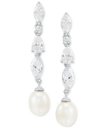 Arabella - Cultured Freshwater Pearl (9 x 7mm) & Cubic Zirconia Drop Earrings in Sterling Silver