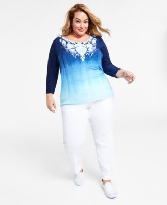 JM Collection Plus Size Jacquard 3/4-Sleeve Top & Slim-Leg Pants ...
