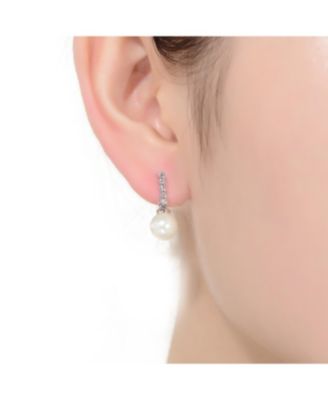 Sterling Silver with White Gold Plated White Round Pearl with Clear Round Cubic Zirconia Drop Earrings