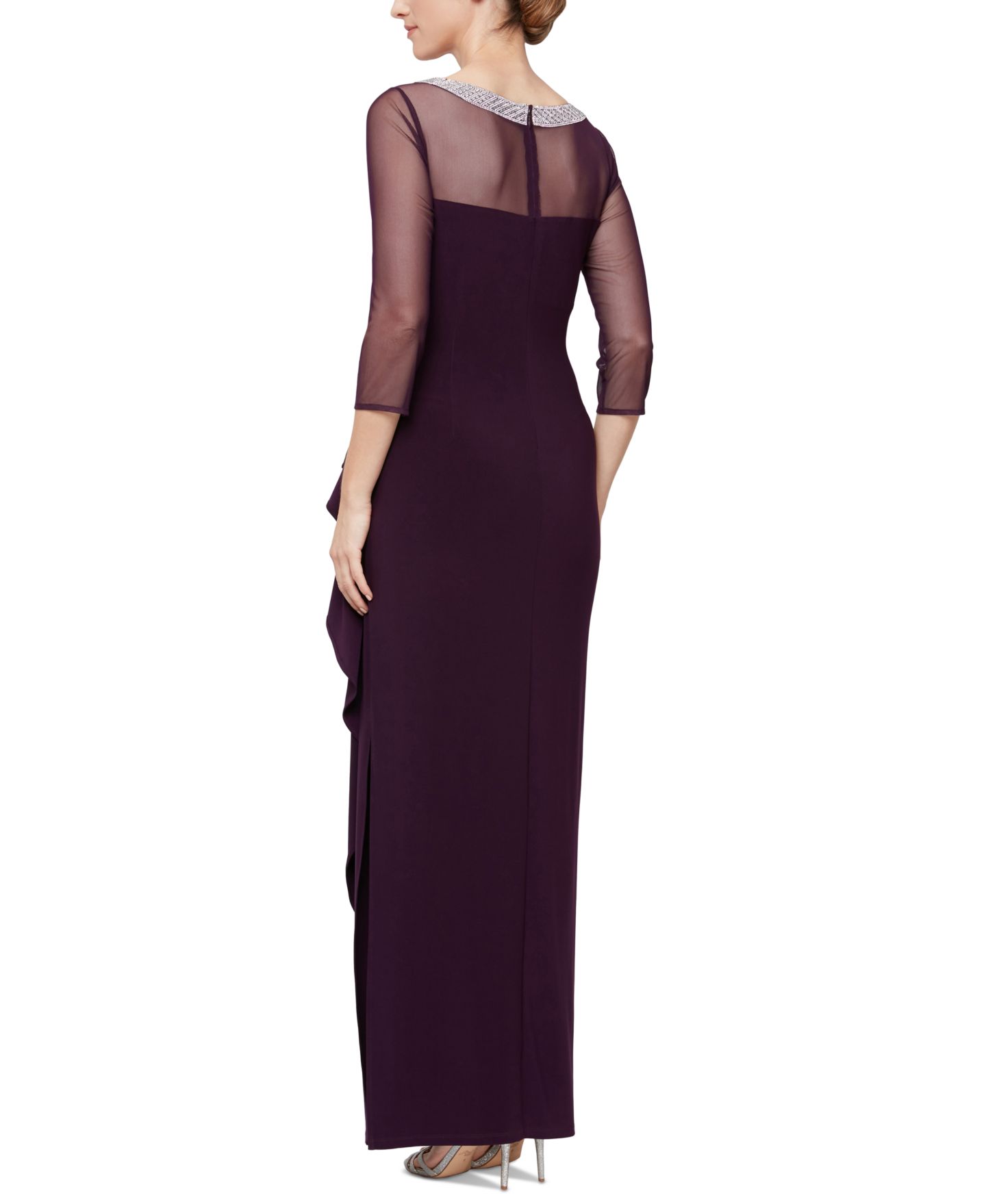 Женское платье Alex Evenings Petite Embellished-Neck Side-Ruched Illusion, цвет: Баклажановый — фото 2