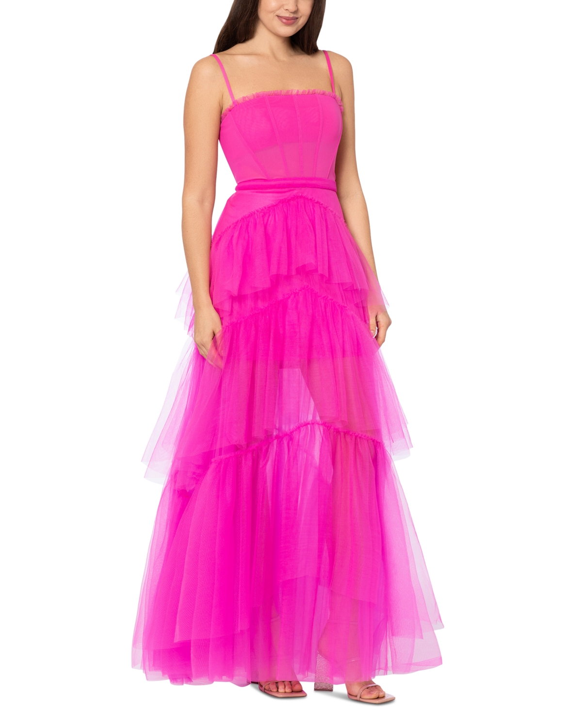 Shop Betsy & Adam Mesh Corset Ball Gown In Hot Pink