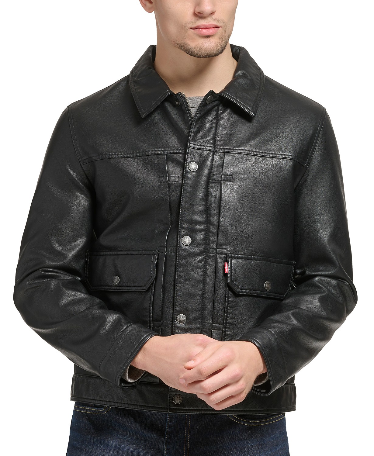 Mens Faux Leather Snap-Front Water-Resistant Jacket
