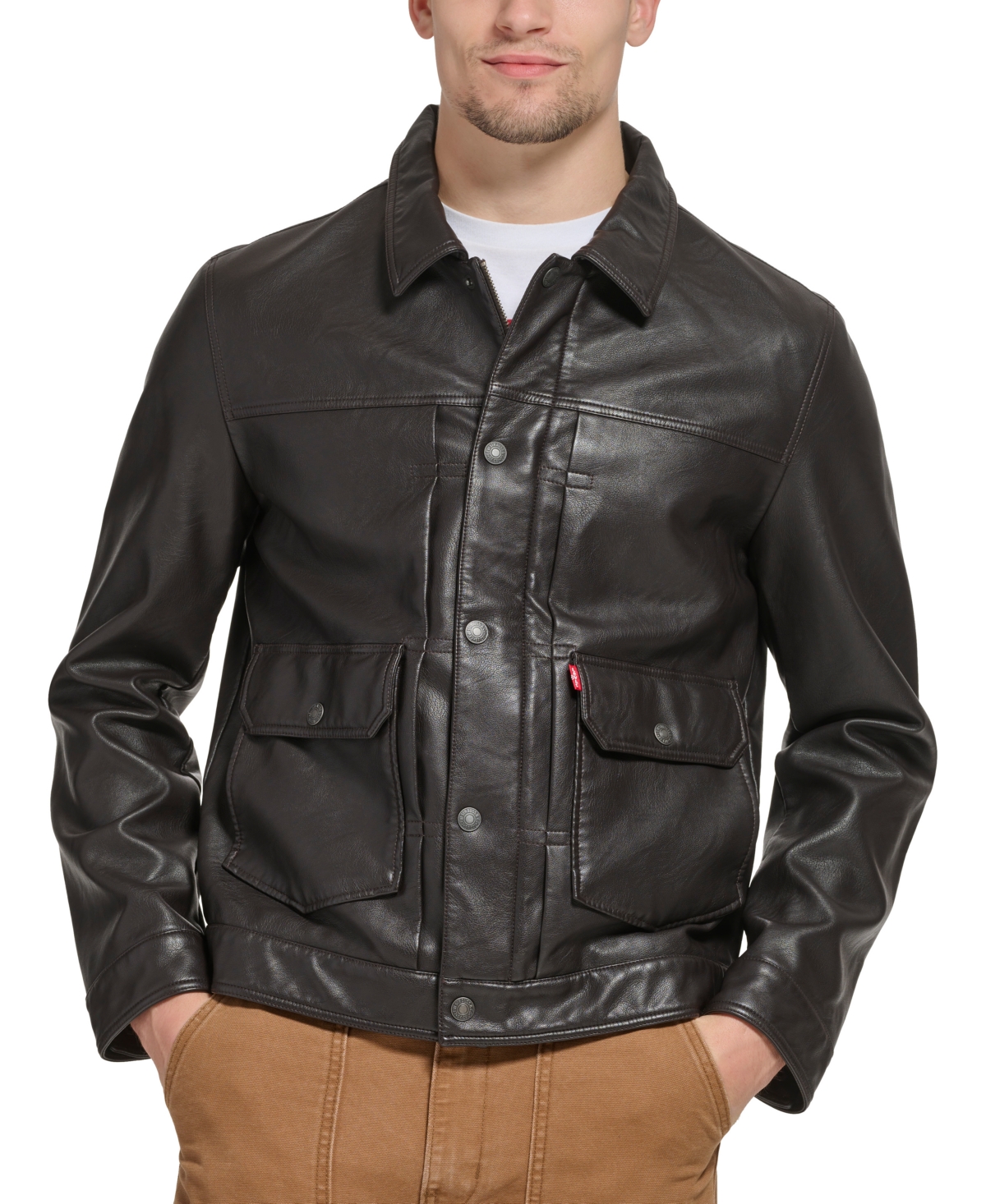 Levi's Men's Faux Leather Snap-front Water-resistant Jacket In Dark Brown
