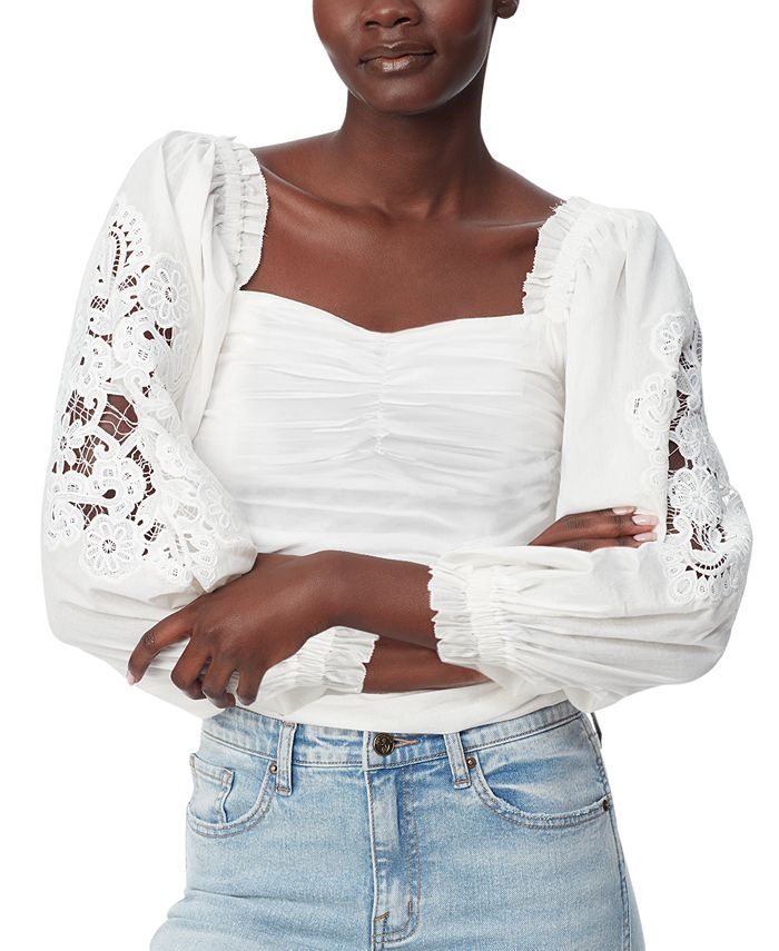 Sam Edelman Women's Stevie Cotton Sweetheart-Neck Lace-Sleeve Top - Macy's
