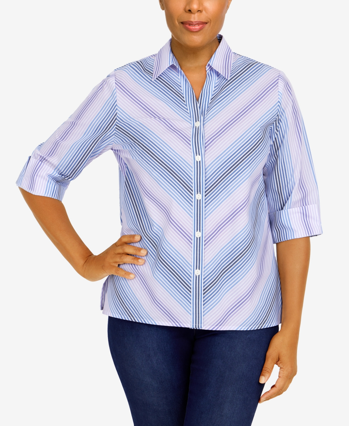 Alfred Dunner Petite Classics Mitered Stripe Button Down Top In Blue