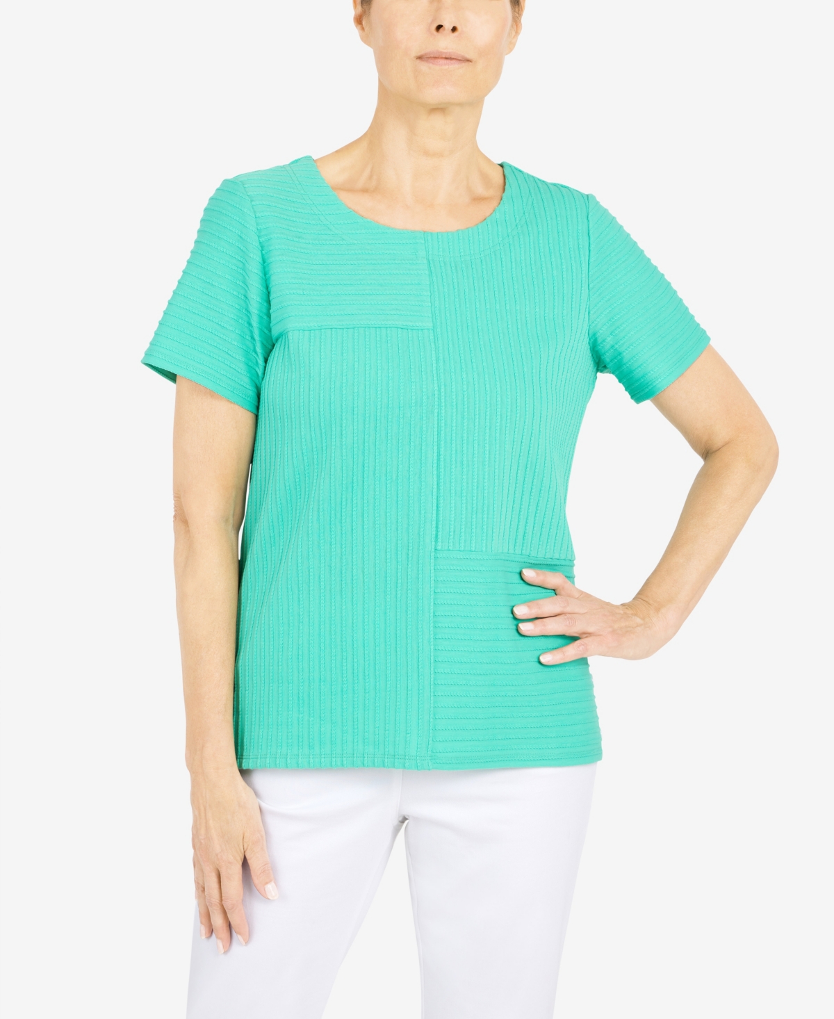 Alfred Dunner Petite Classics Spliced Ottoman Texture Knit Short Sleeve Top In Sea Green