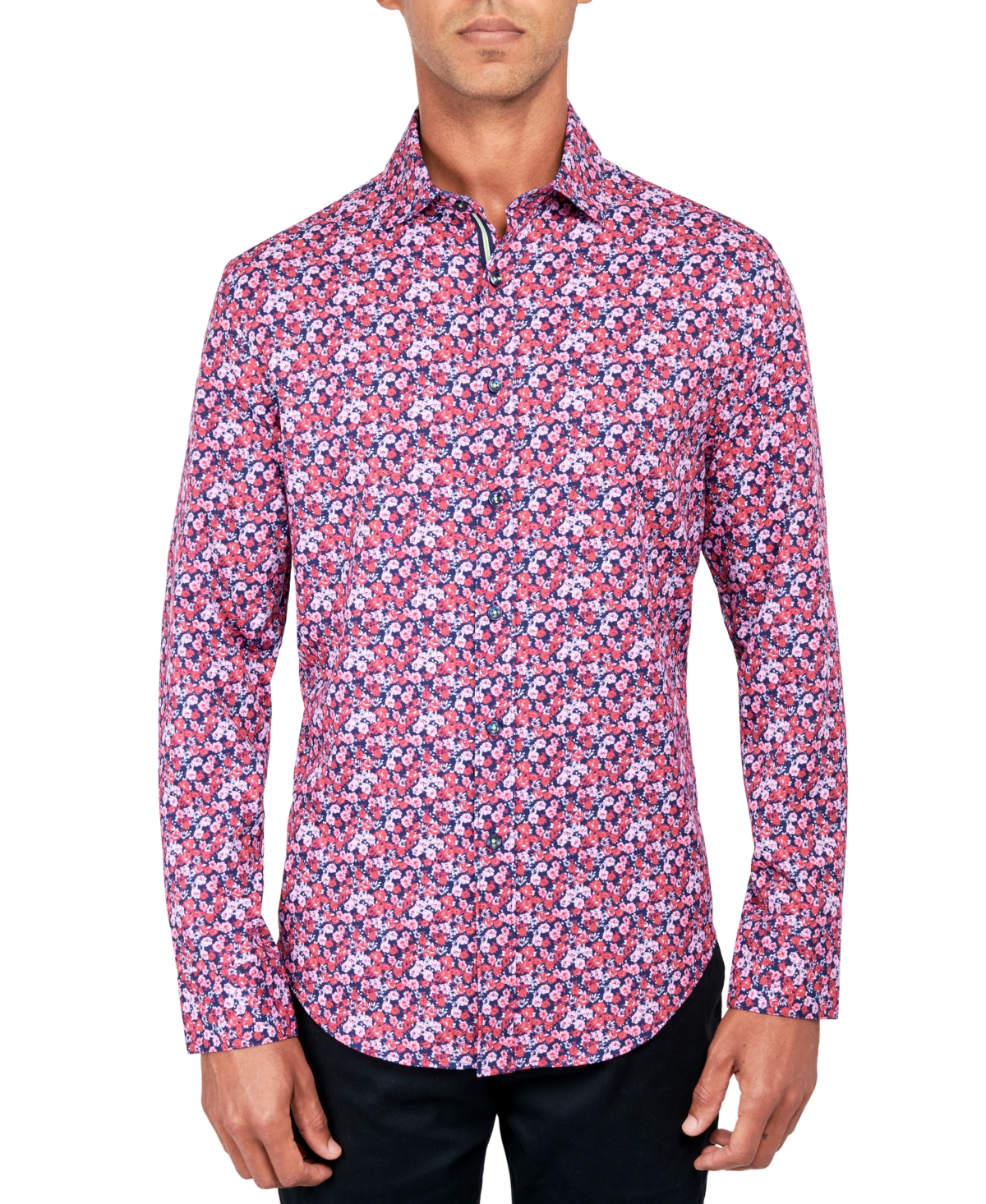 Men's Regular-Fit Non-Iron Performance Stretch Rose-Print Button-Down Shirt - Red