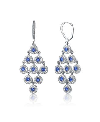 Cubic Zirconia Sterling Silver Rhodium Plated Blue Round Chandelier Earrings