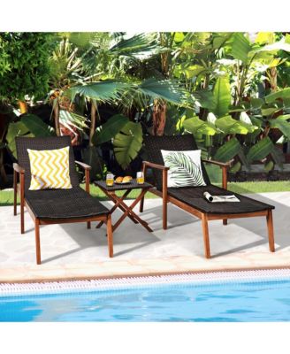 3PCS Patio Rattan Lounge Chair Chaise Set Wooden Frame Folding Table