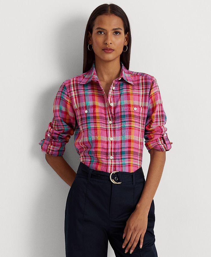 Ralph Lauren Womens Red Pocketed Plaid Cuffed Collared Button Up Top Size  PXS
