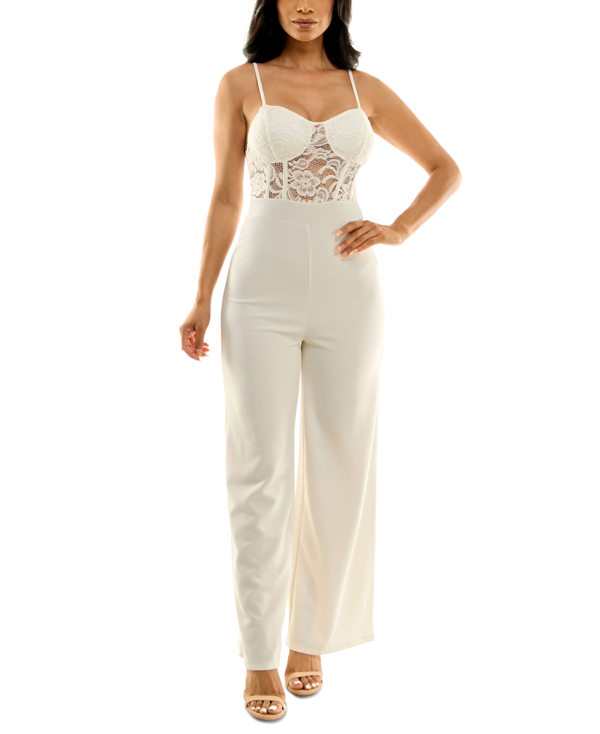 Almost Famous Juniors' Lace Cami Bustier Jumpsuit In Ivory