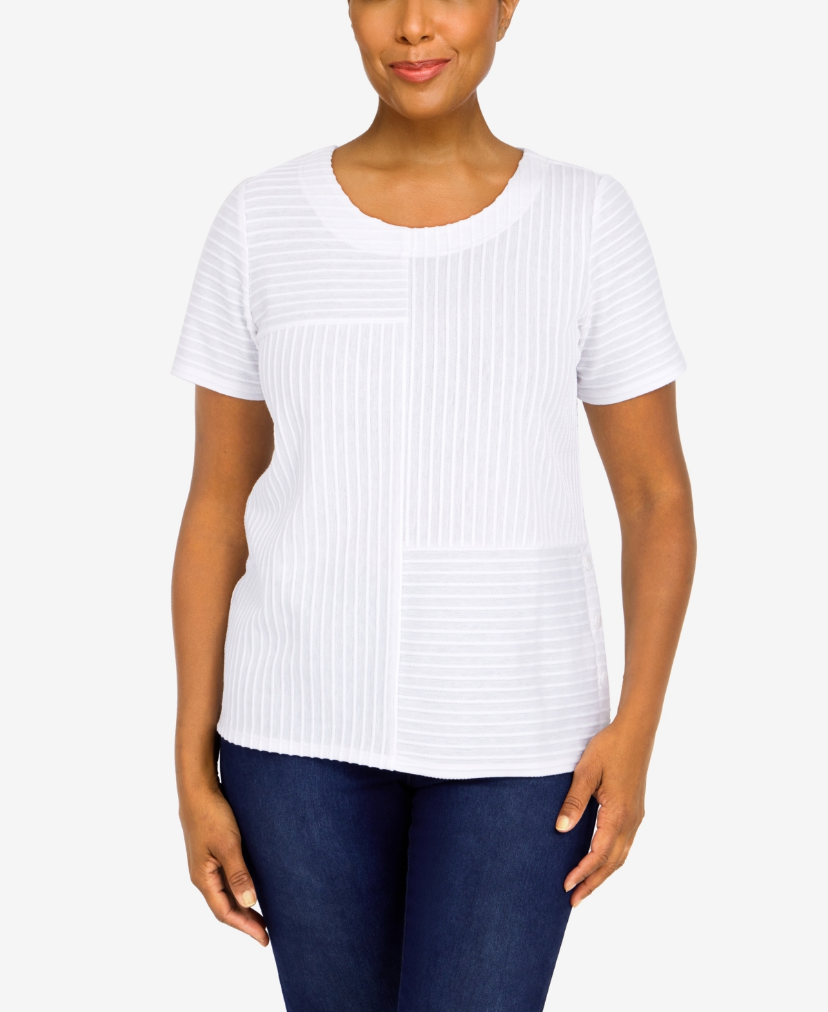 Alfred Dunner Petite Classics Spliced Ottoman Texture Knit Short Sleeve Top In White