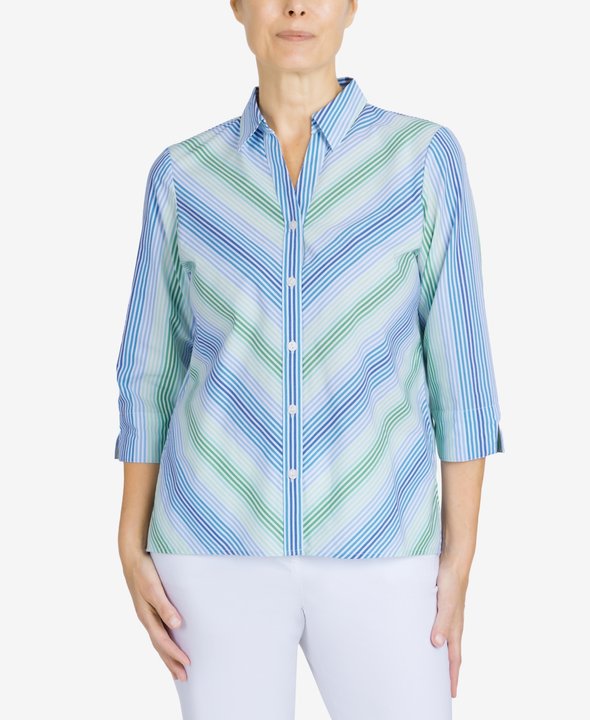 Alfred Dunner Women's Classics Mitered Stripe Button Down Top In Multi
