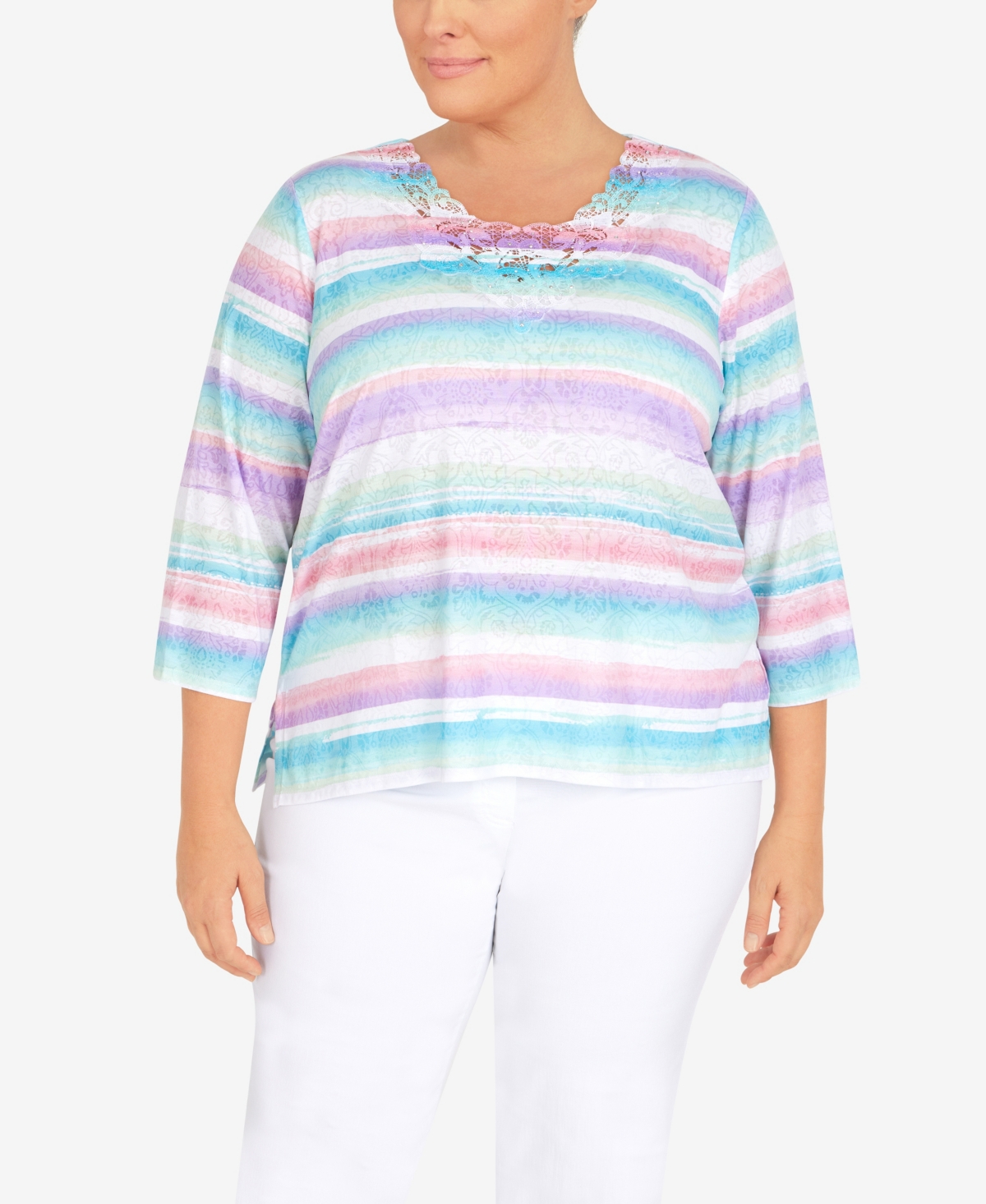 ALFRED DUNNER PLUS SIZE CLASSIC BURNOUT STRIPE LACE NECK TOP