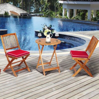 3PCS Patio Folding Wooden Bistro Set Cushioned Chair Conversation
