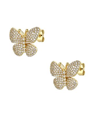 Sterling Silver 14k Yellow Gold Plated with Cubic Zirconia Butterfly Pave Earrings
