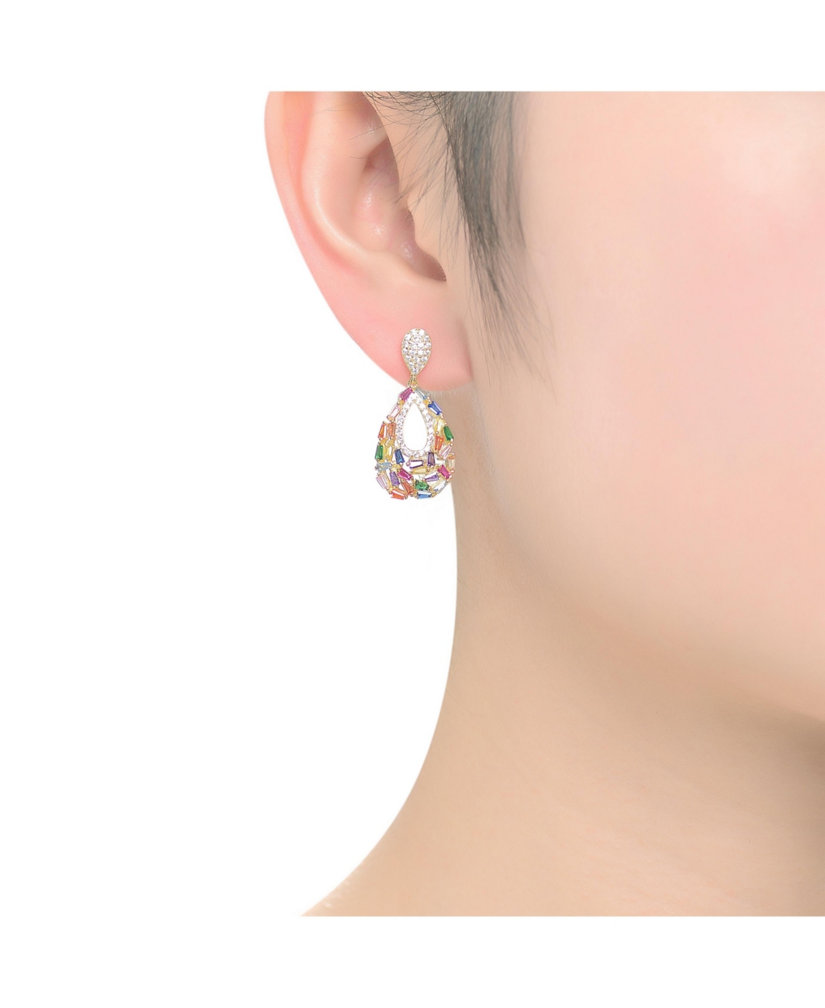 Genevive Captivating Sterling Silver Pear Shape Drop Earrings with Baguette and Round Cubic Zirconia