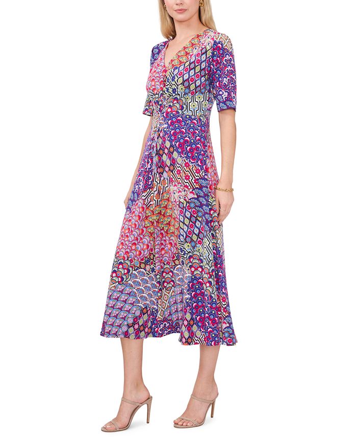 MSK Women's Mixed-Print Twist-Front Midi Dress - Macy's