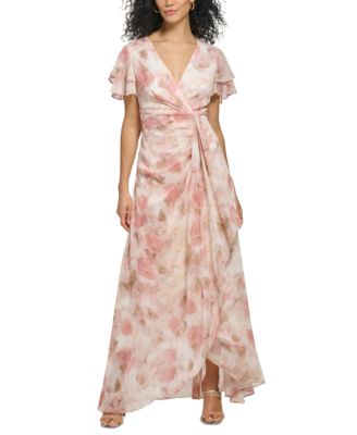 DKNY - Women's Double-Ruffle-Sleeve Floral-Print Chiffon Ball Gown