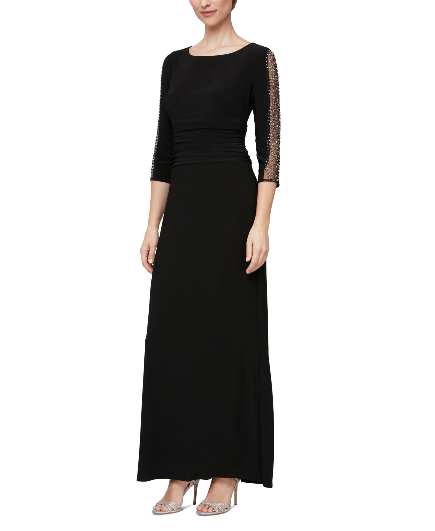 Женские платья SL Fashions Petite Ruched 3/4-Sleeve Gown, цвет: Чёрный — фото 1