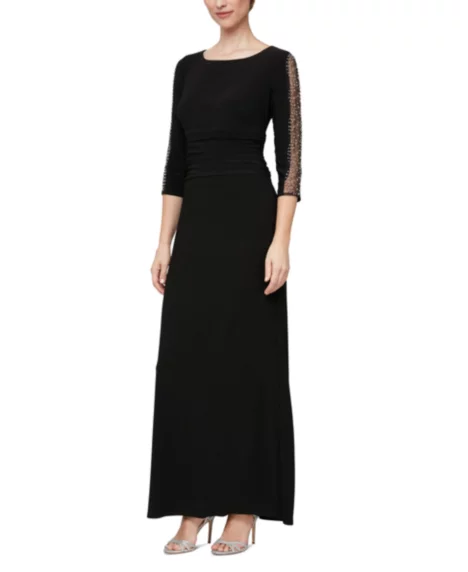 Petite Ruched 3/4-Sleeve Gown - Black
