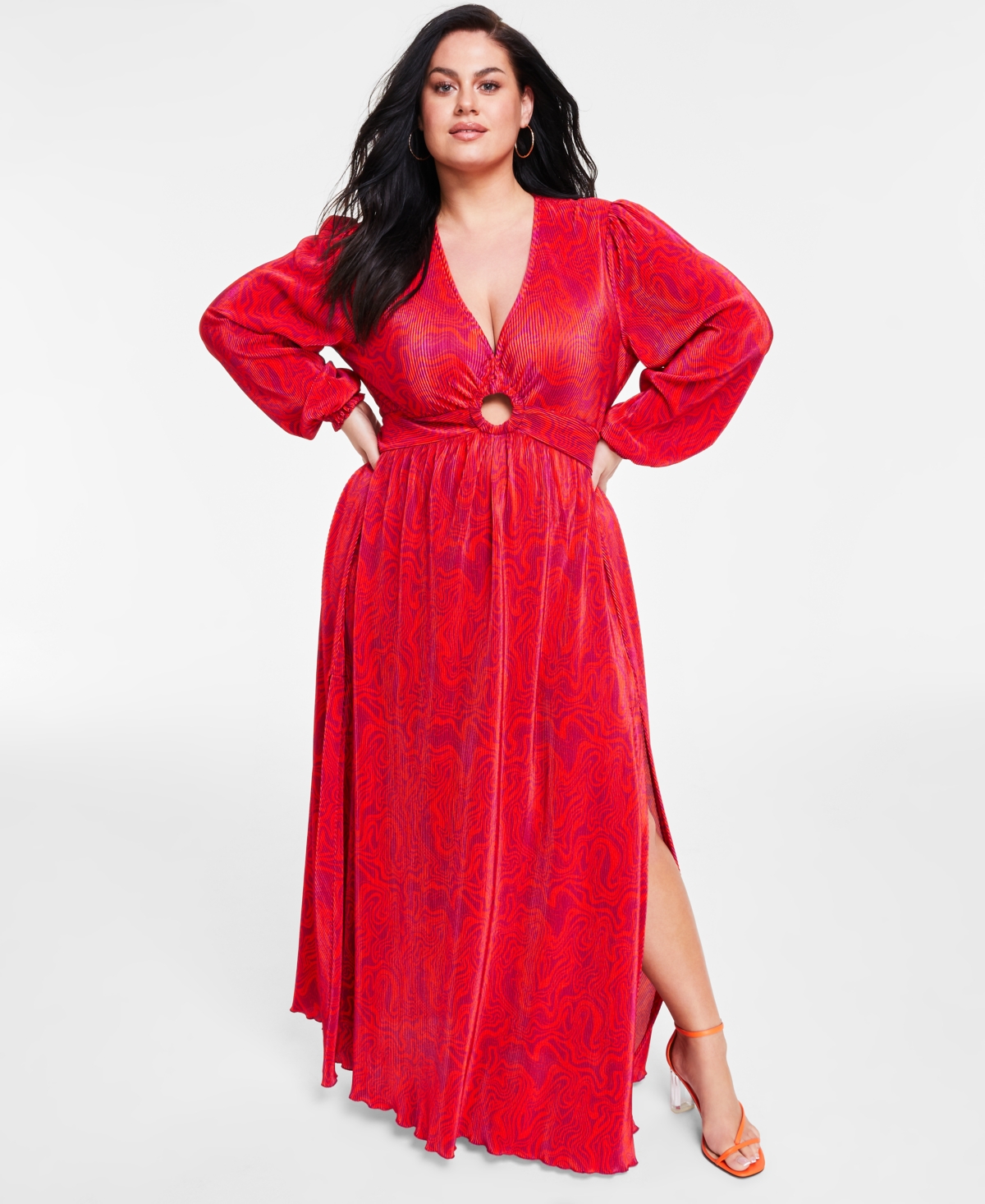 Nina Parker Trendy Plus Size Keyhole Printed Pleated Jersey Maxi Dress In Orange/pink Prism