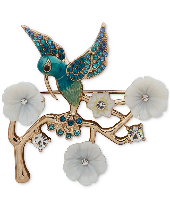 Anne Klein Gold-Tone Multi Crystal Bird On Branch Pin