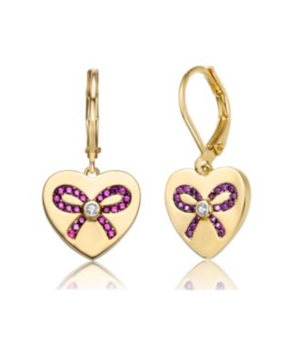 Sterling Silver with Pink Bow Heart Cubic Zirconia Leverback Earrings