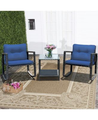 3PC Patio Rattan Conversation Set Rocking Chair Cushioned
